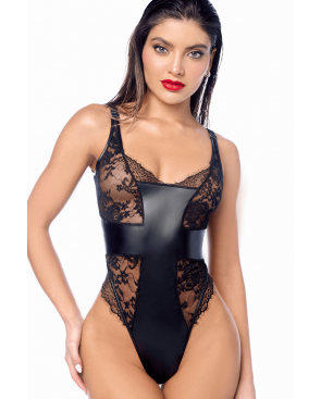 Body sexy noir dentelle  similicuir - MAL2805BLK
