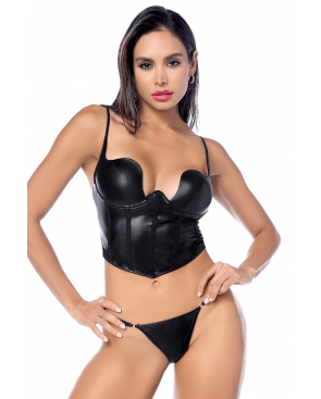 Ensemble sexy 2 pièces noir en similicuir avec bustier à armatures - MAL2803BLK