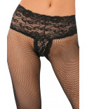 Collant noir résille effet string brésilien dentelle florale et coutures arrières - REN9028-BLK