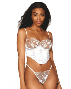 Bustier blanc avec armatures, en satin et dentelle florale - DG13262WHT
