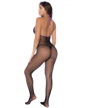 Combinaison en résille et dentelle noire et violette - MAL1122BKPU