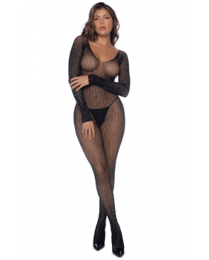 Combinaison noire en résille ornée de strass - MAL1131BKRH