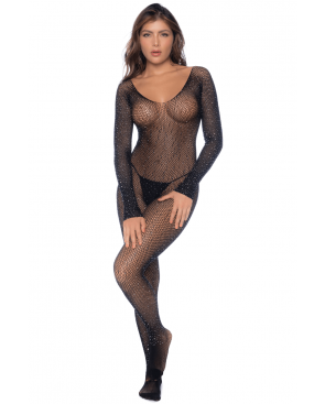 Combinaison noire en résille ornée de strass - MAL1131BKRH