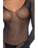 Combinaison noire en résille ornée de strass - MAL1131BKRH