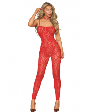 Bodystocking sans couture, fantaisie rouge avec chainettes amovibles - DG0518POI