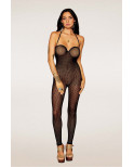 Bodystocking en résille noire, sans couture, avec large décolleté à armature  - DG0471BLK