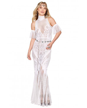 Robe bodystocking en résille et dentelle blanche - DG0490WHT