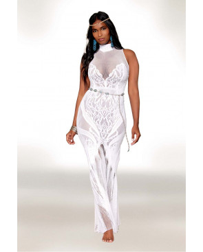 Robe bodystocking en résille et dentelle blanche - DG0490WHT