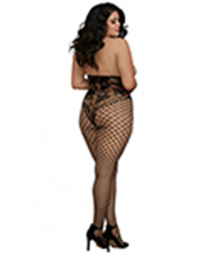 Combinaison grande taille style body dentelle et jambes larges résilles - DG0268XBLK