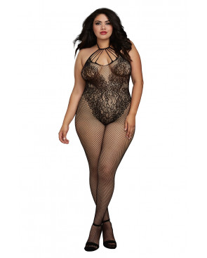 Bodystocking Grande taille résille dans un style Body avec magnifique décolleté à lanières - DG0326XBLK