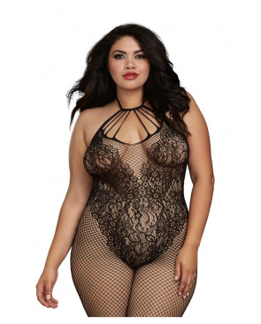 Bodystocking Grande taille résille dans un style Body avec magnifique décolleté à lanières - DG0326XBLK