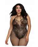 Bodystocking Grande taille résille dans un style Body avec magnifique décolleté à lanières - DG0326XBLK