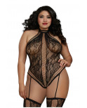 Combinaison Grande Taille dans un style Body string en dentelle avec des détails croisés - DG0329XBLK
