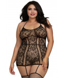 Combinaison grande taille en dentelle et lanières entrecroisées devant et derrière - DG0331XBLK