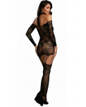Bodystocking résille guêpière réversible avec tour de cou - DG0318BLK