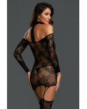 Bodystocking résille guêpière réversible avec tour de cou - DG0318BLK