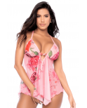 Nuisette résille rose imprimé floral et string - MAL7607BLPD