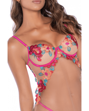 Nuisette en résille et dentelle florale rose et string assorti - MAL7609SEGA