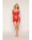 Nuisette rouge en résille et dentelle florale, string assorti - DG13524RED