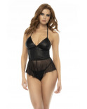 Body effet babydoll Pearl en wetlook noir et résille, bretelles réglables, zip fonctionnel au dos - MAL7547WBLK