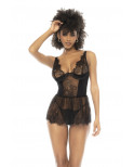Nuisette noir Raven, en dentelle et résille, avec armatures, bretelles réglables, laçage dans le dos - MAL7549BLK