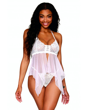 Babydoll et string en résille et dentelle blanche - DG13314WHT