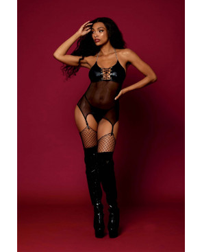 Nuisette avec porte-jarretelle en simili cuir et fine résille  - DG13297BLK