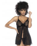 Babydoll en dentelle et résille noire ouvert sur le devant - MAL7501BLK