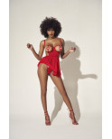 Nuisette fine résille rouge avec bonnets ouverts et string  - MAL7508RED