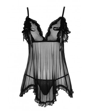 Nuisette en résille et dentelle noire avec string - R2740796