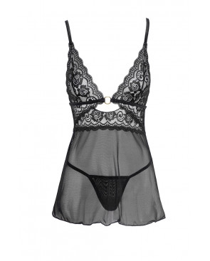 Nuisette noire en dentelle et résille transparente avec string - R2741334