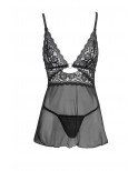 Nuisette noire en dentelle et résille transparente avec string - R2741334
