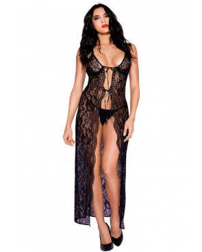 Nuisette déshabillée longue noire ouverte dentelle florale et string - ML53009BLK