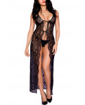 Nuisette déshabillée longue noire ouverte dentelle florale et string - ML53009BLK