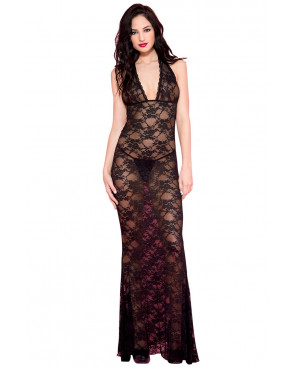 Nuisette longue noire décolletée dentelle florale - ML53012BLK