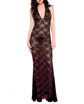 Nuisette longue noire décolletée dentelle florale - ML53012BLK