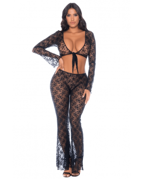 Top et pantalon en dentelle florale noire - MAL1915BLK