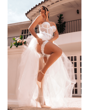 Ensemble 4 pièces blanc, bustier, string et 2 jarretières - MAL8933WHT