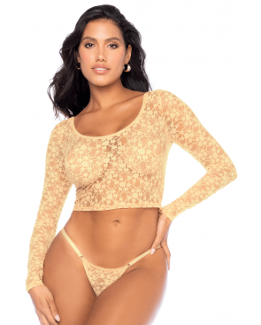 Ensemble 2 pièces en dentelle jaune pastel, crop top et string - MAL8918LYLW