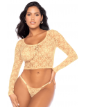 Ensemble 2 pièces en dentelle jaune pastel, crop top et string - MAL8918LYLW