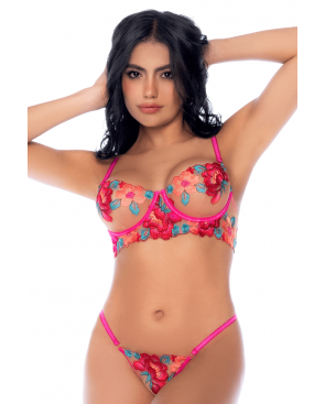 Ensemble 2 pièces résille brodée rose et bleue, soutien gorge et string - MAL8927SEGA