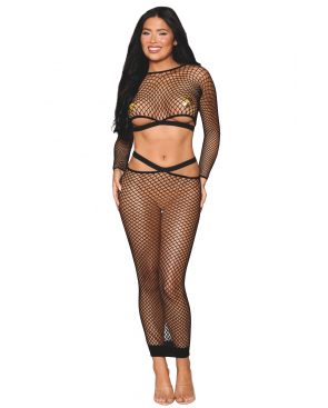 Ensemble 2 pièces top manches longues et jupe résille noire - DG0526BLK
