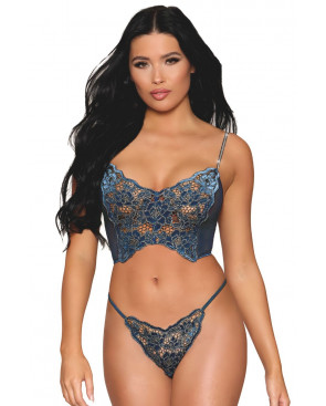 Bustier dentelle florale et résille avec strass et string assorti - DG13492BLU