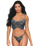 Bustier dentelle florale et résille avec strass et string assorti - DG13492BLU