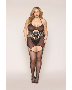Guépière grande taille en fine résille avec serre taille à laçage et porte jarretelles - DG13520XBLK