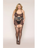Guépière grande taille en fine résille avec serre taille à laçage et porte jarretelles - DG13520XBLK