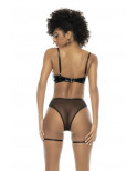Ensemble 2 pièces, en vinyl et résille noir, soutien gorge seins nus et string avec zip fonctionnel - MAL2756GLBK