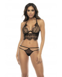 2 en 1 Nuisette et ensemble 2 pièces en dentelle et résille, soutien gorge avec armatures, string et une jupe - MAL7551BLK
