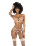 Ensemble 3 pièces avec dentelle brodée florale, soutien gorge avec armatures, porte jarretelles et string assorti -...