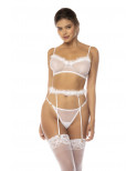 Ensemble 3 pièces blanc Emmie, soutien gorge, porte jarretelles avec fausse fourrure et string assorti - MAL8841WHT